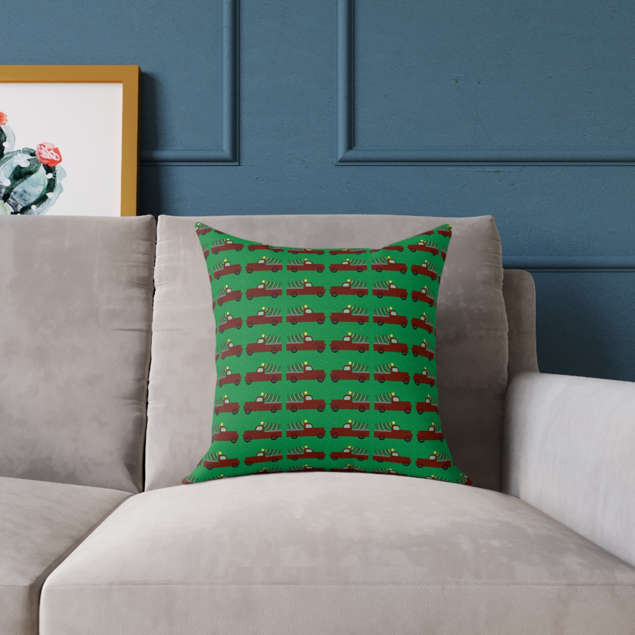 Square Poly Canvas Pillow - Merry Truckmas