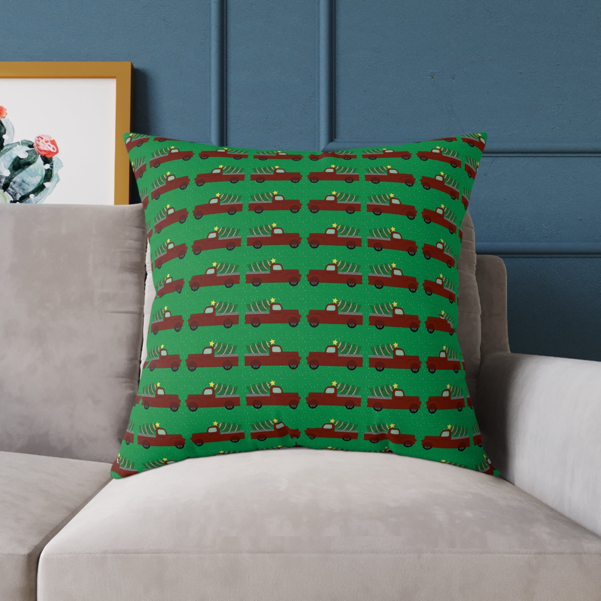 Square Poly Canvas Pillow - Merry Truckmas