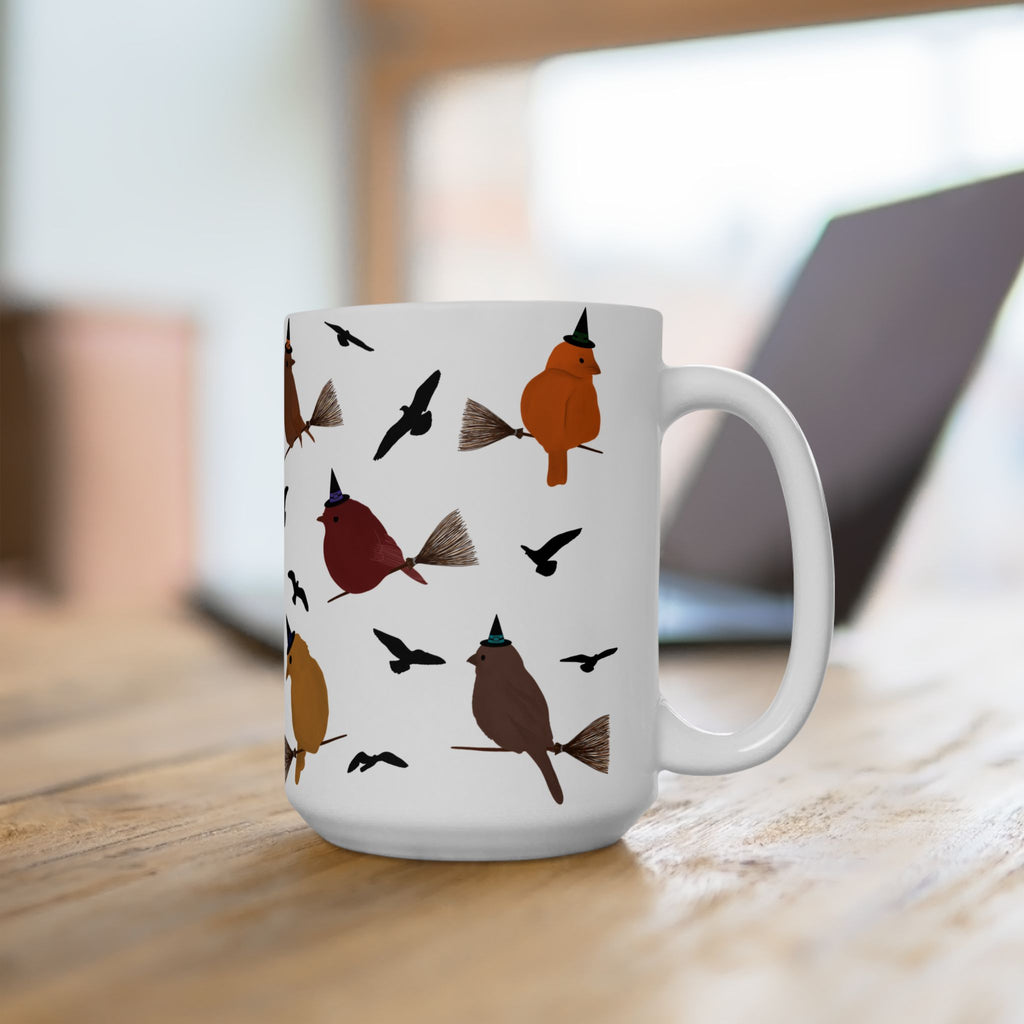 Ceramic Mug, (11oz, 15oz) - Birds Riding Brooms