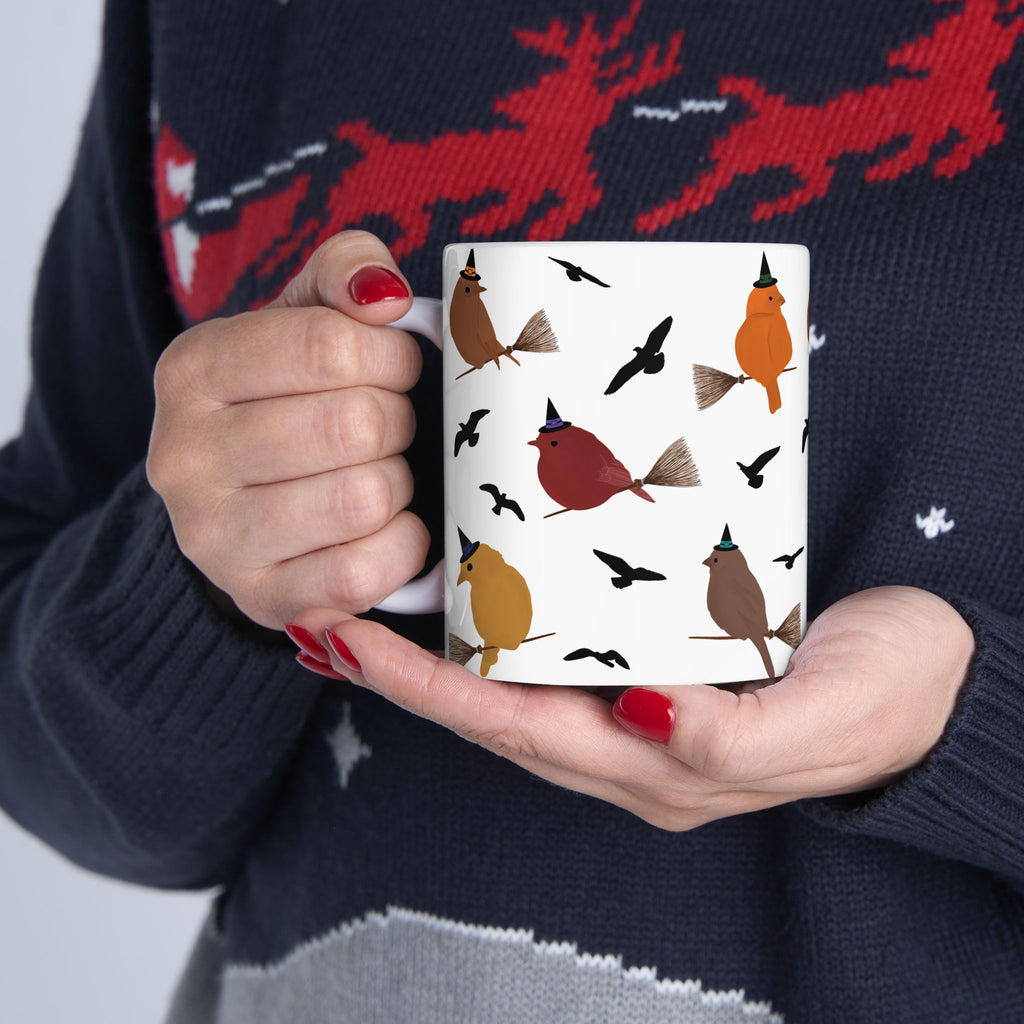 Ceramic Mug, (11oz, 15oz) - Birds Riding Brooms