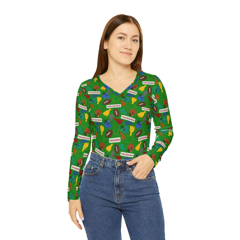 Women's Long Sleeve V-neck Shirt - Football Frenzy